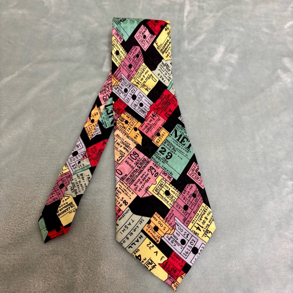Vintage Nicole Miller 100% Silk Tie NYC Concert Tickets Stubs 1990s